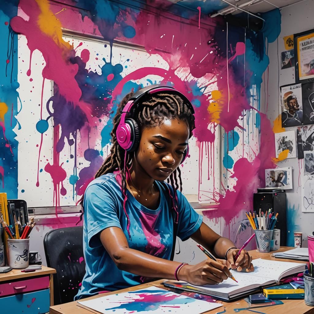 African Teen's Vibrant Dream World: Splash Art Style