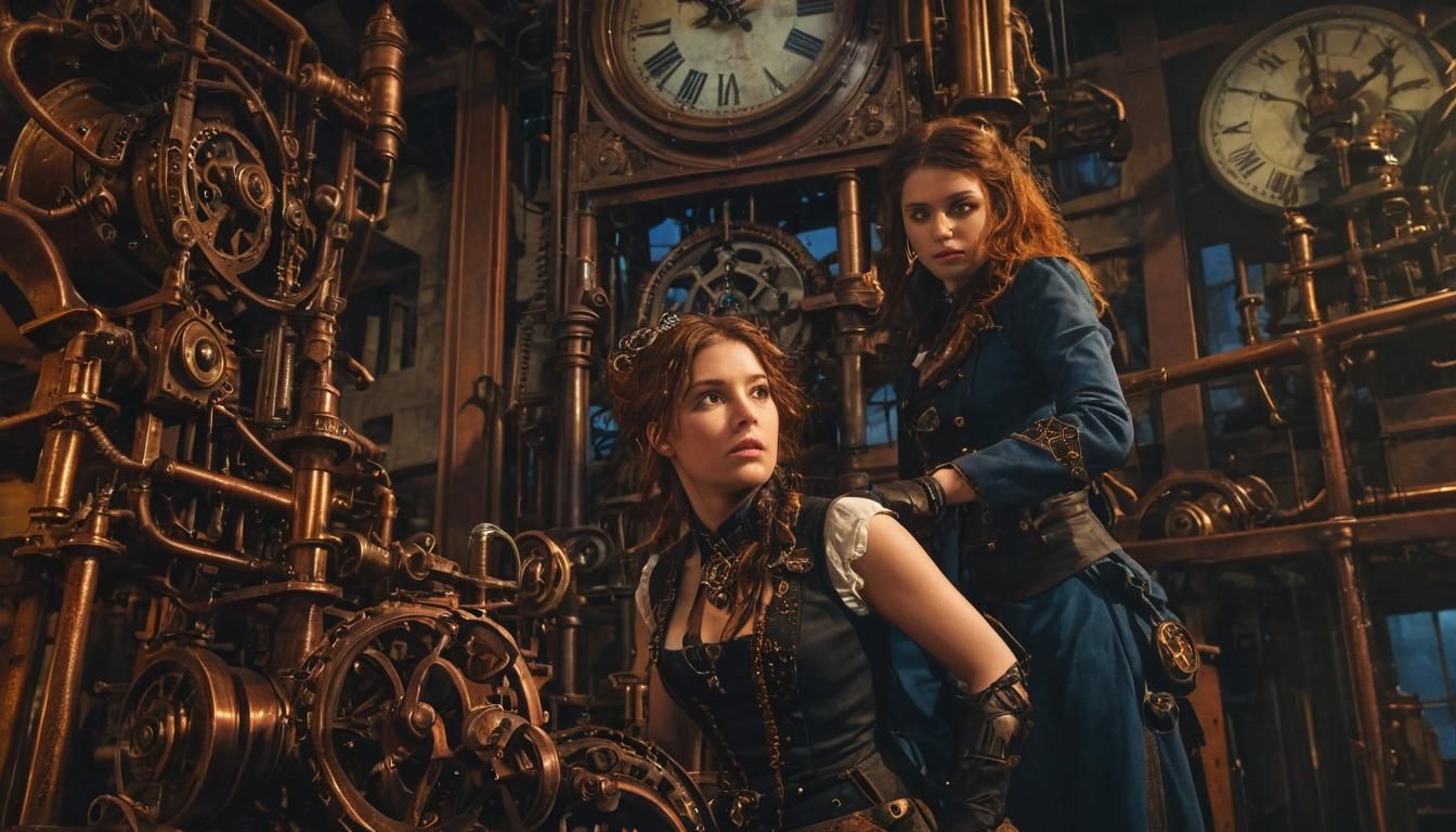 Steampunk Woman Repairs Engine in Clock Tower