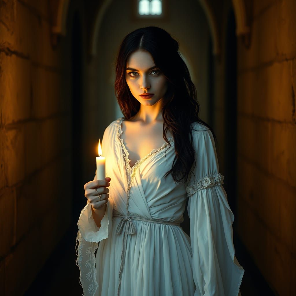 Ethereal Maiden in Haunting Castle Corridor