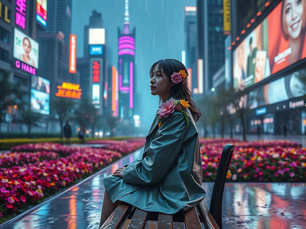 Serene Woman Surrounded by Vibrant Flowers and Neon Skyscrap...