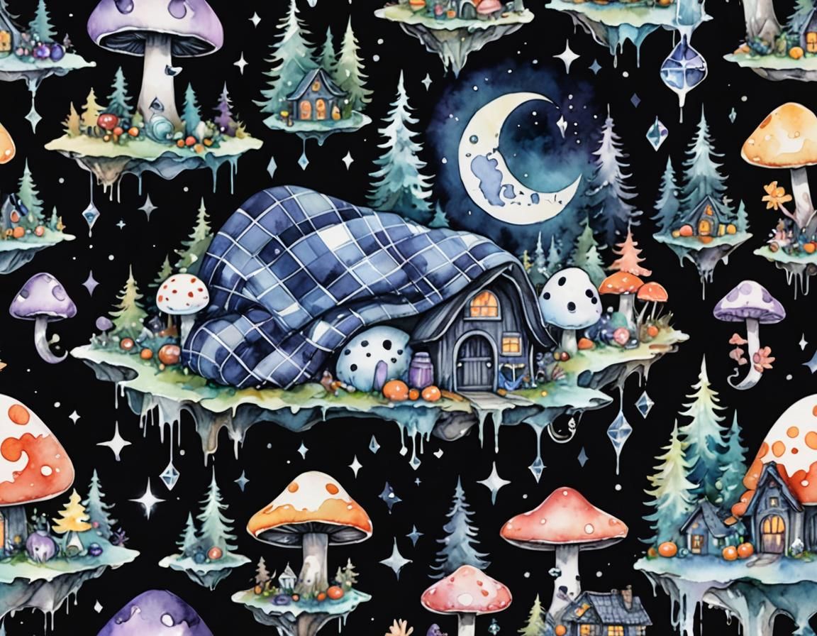 Plaid Pagan Home with Crescent Moon in Watercolor