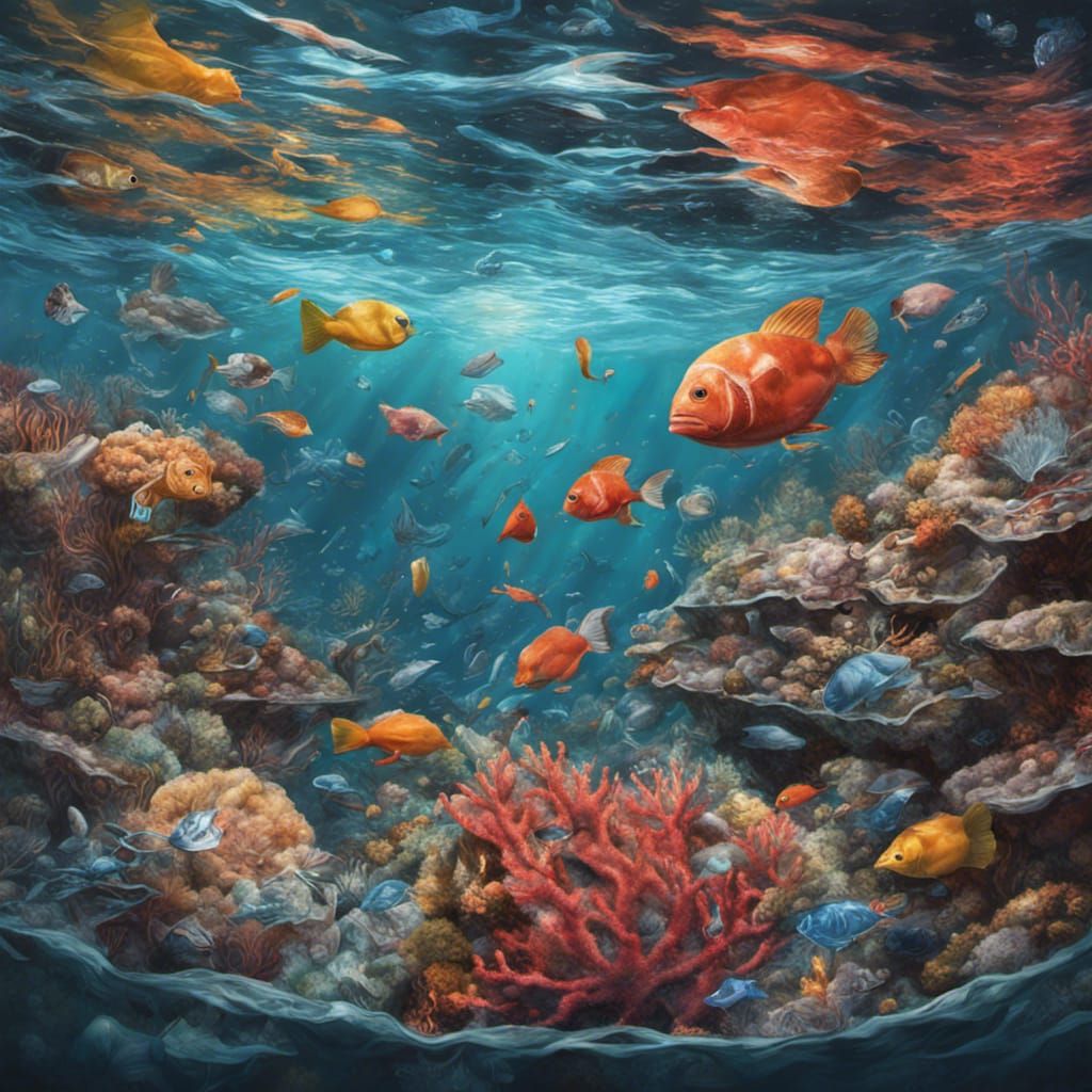 Hyperrealistic Coral Reef Entangled in Plastic Waste