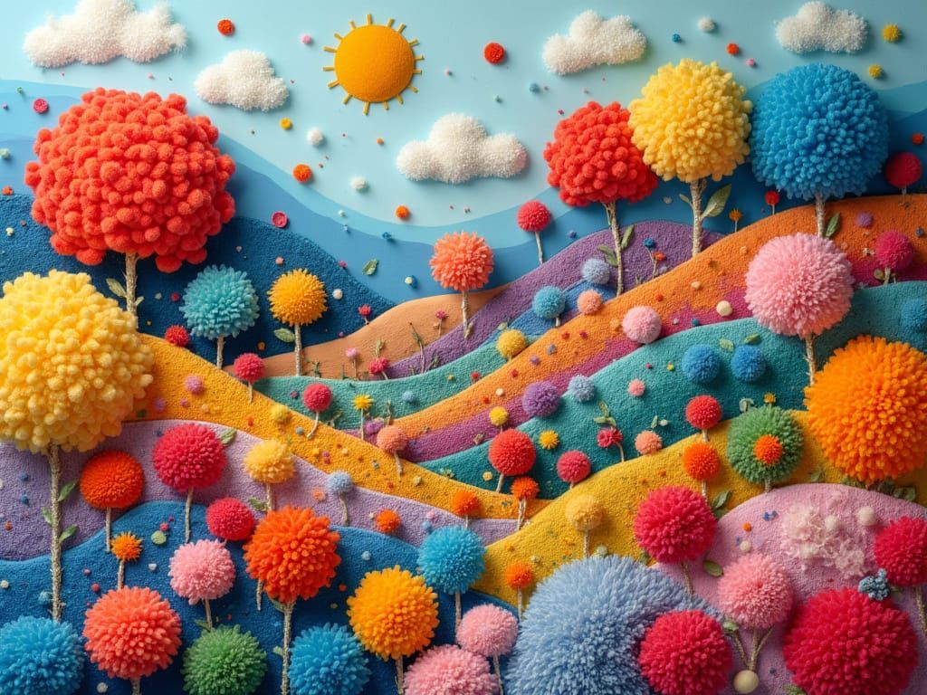 Whimsical Pom Pom Landscape in Matisse and Murakami Style