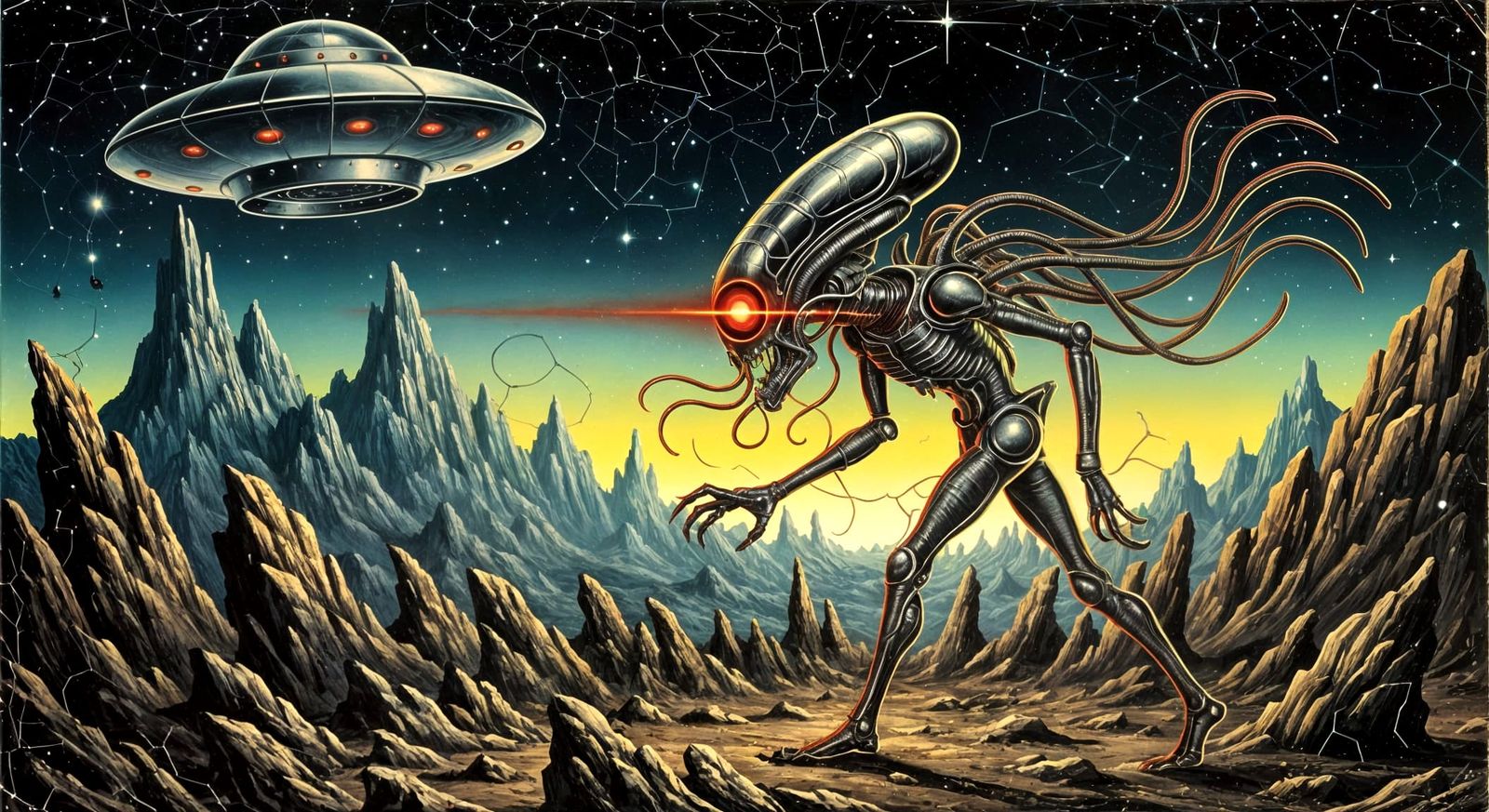 Retro Sci-Fi Alien Landscape with UFO