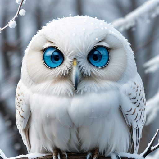Adorable Baby Snow Owl with Big Blue Eyes in Winter Fantasy ...