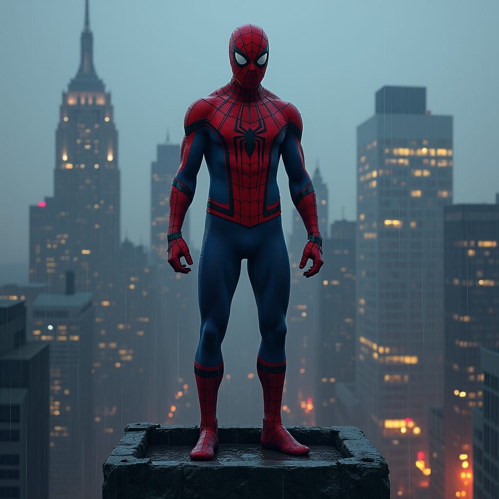 Gritty Spider-Man on Skyscraper in Hyper-Realistic Style