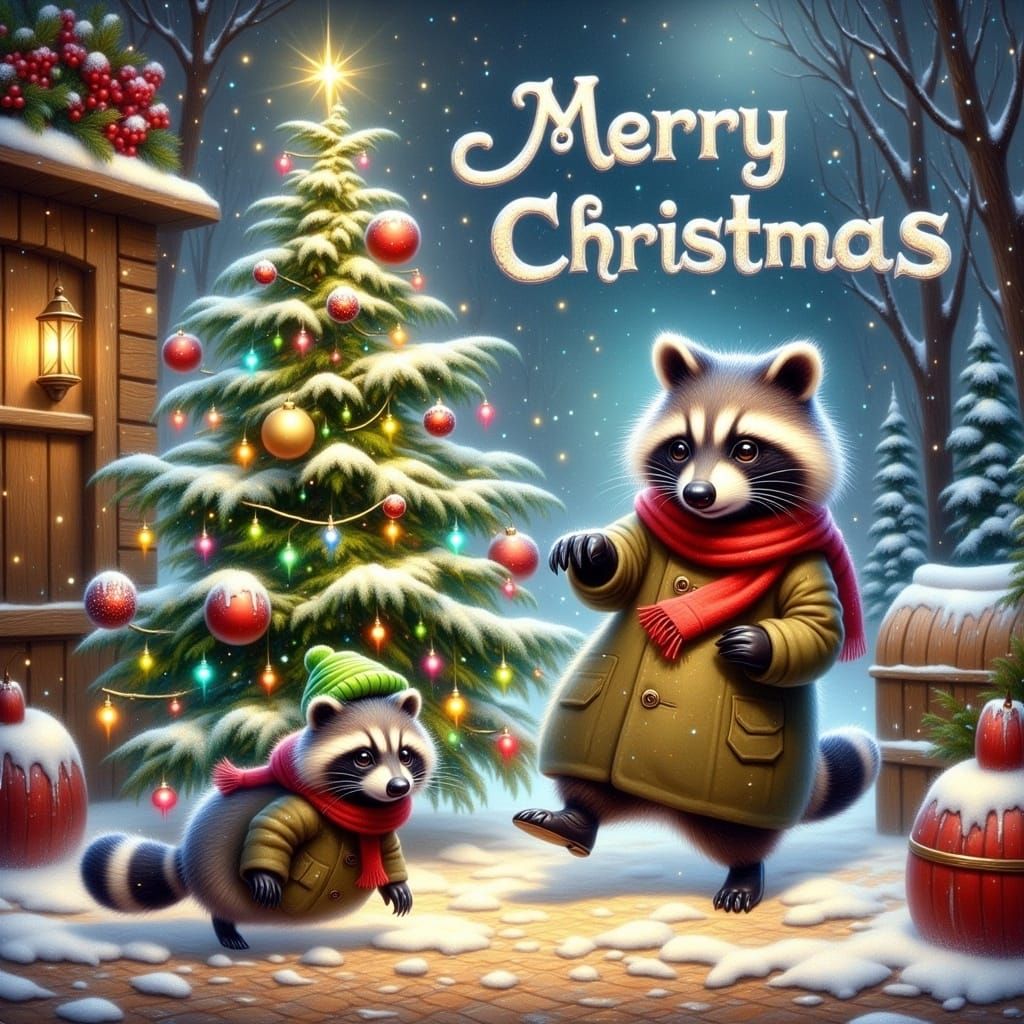 Whimsical Raccoons Play Around a Majestic Christmas Tree in....