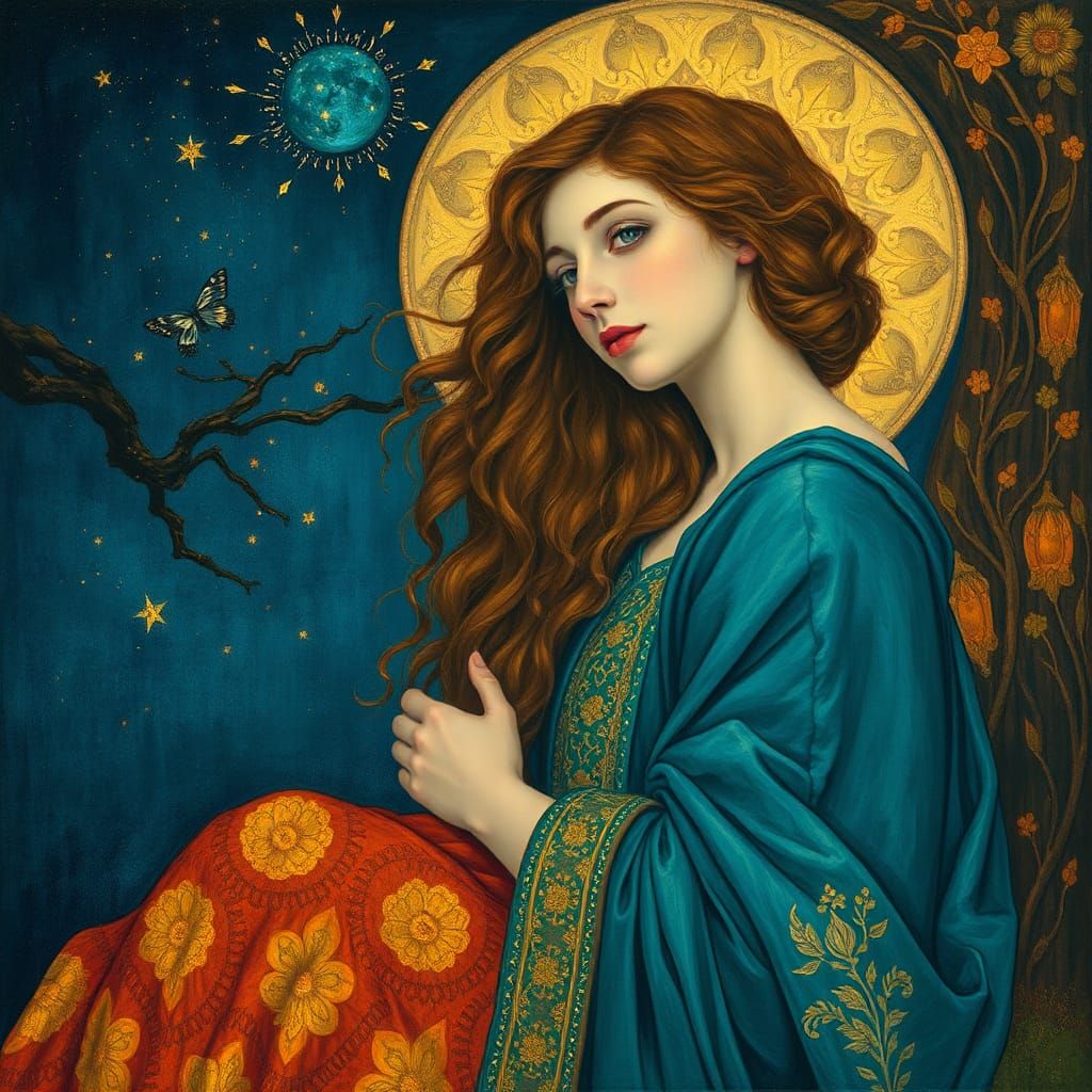Mystical Woman in Night Sky: Art Nouveau Style