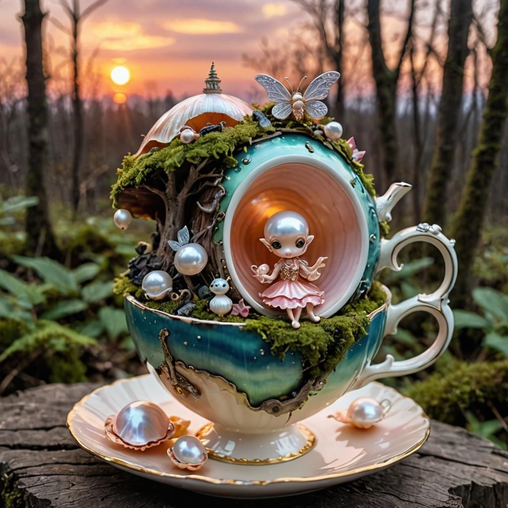 Fairy Tale Scene Inside Teacup at Sunset