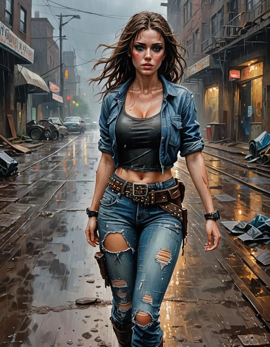 Woman in Rain, Post-Apocalyptic Acrylic Painting