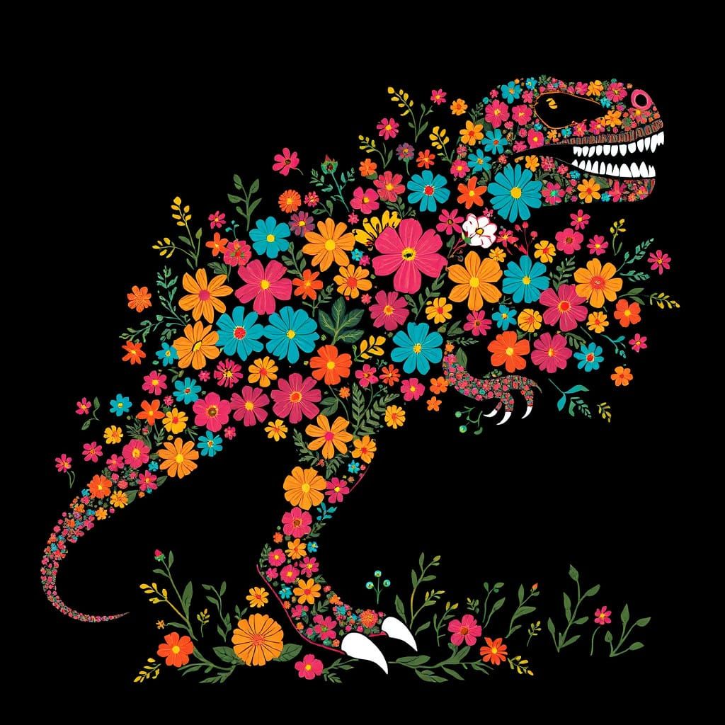Floral Tyrannosaurus Rex in Vibrant Mexican Folk Art Style