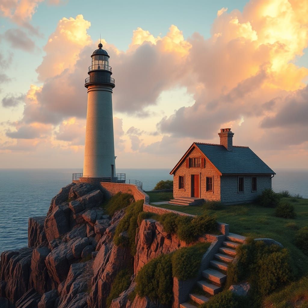 Lighthouse Perched on Rocky Cliff at Sunset