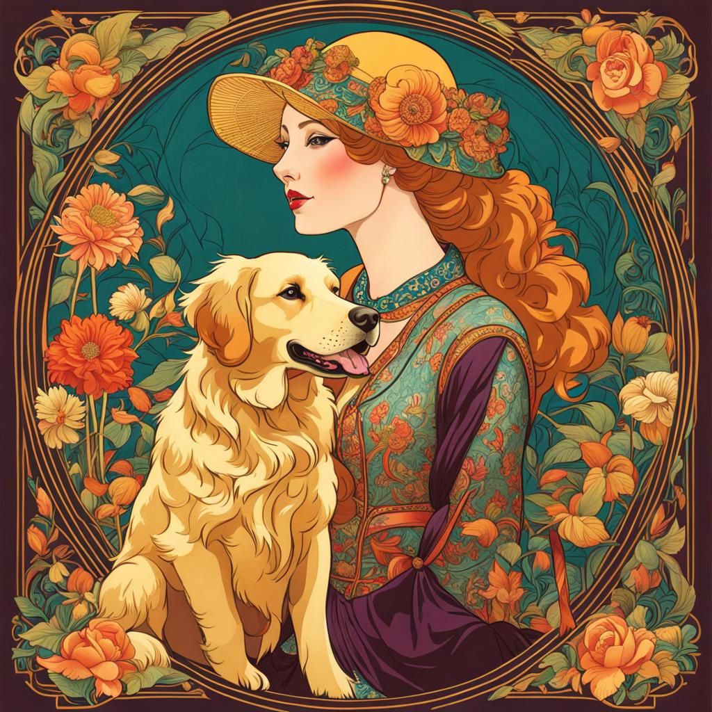 Golden Retriever with Woman in Art Nouveau Style