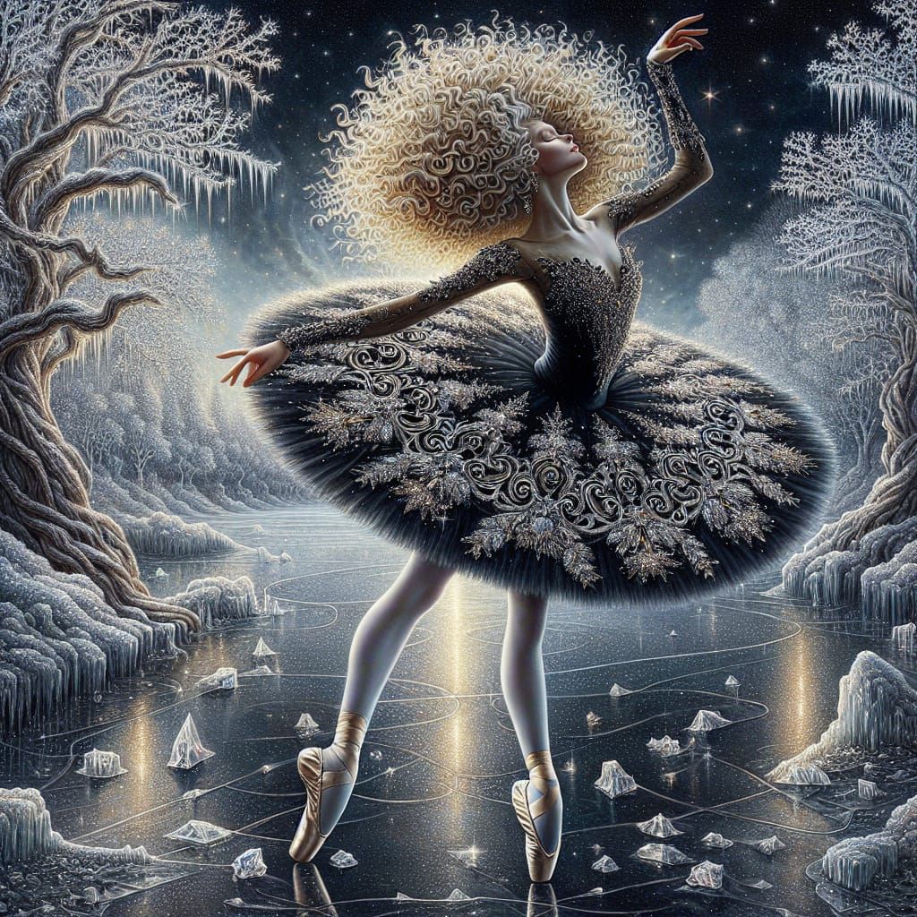 Romantic Ballerina in Celestial Tutu on a Frozen Lake