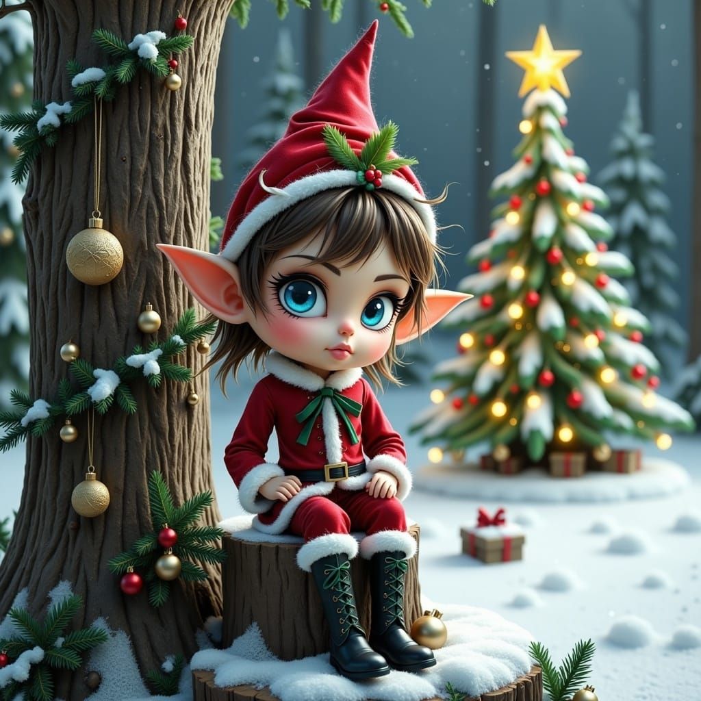 Whimsical Chibi Christmas Elf in a Fantasy Snowy Garden