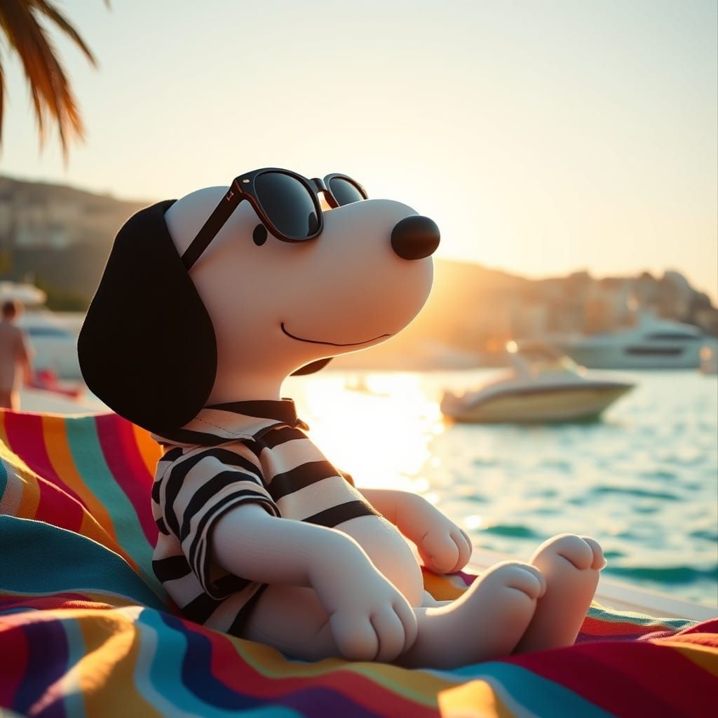 Snoopy on St. Tropez Beach in Cinematic Style