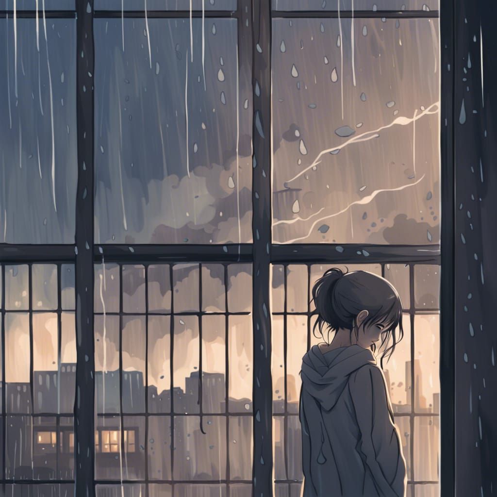 Sorrowful Woman by Rainy Window in Anime Style