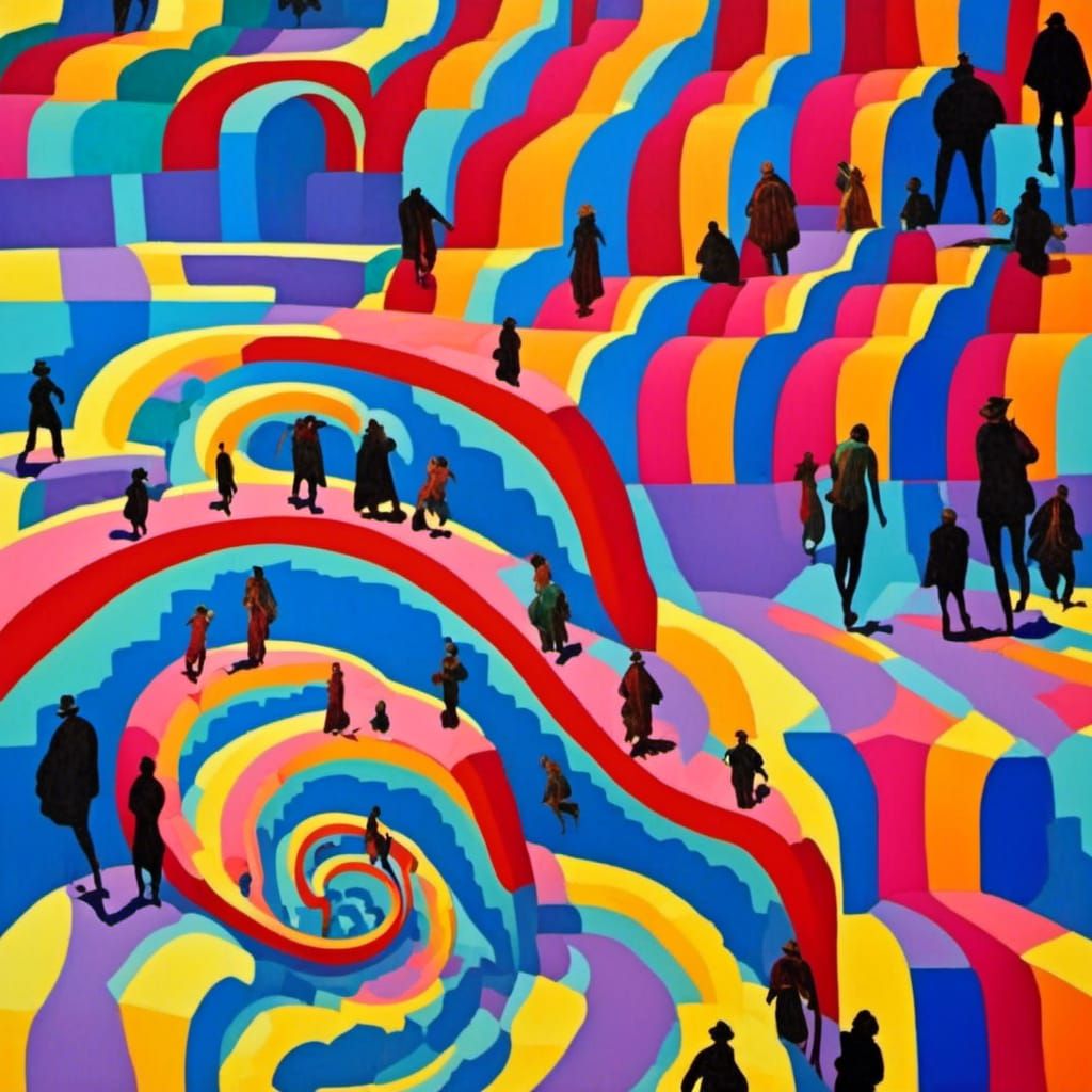 People Walking on Endless Staircases in Dreamscape