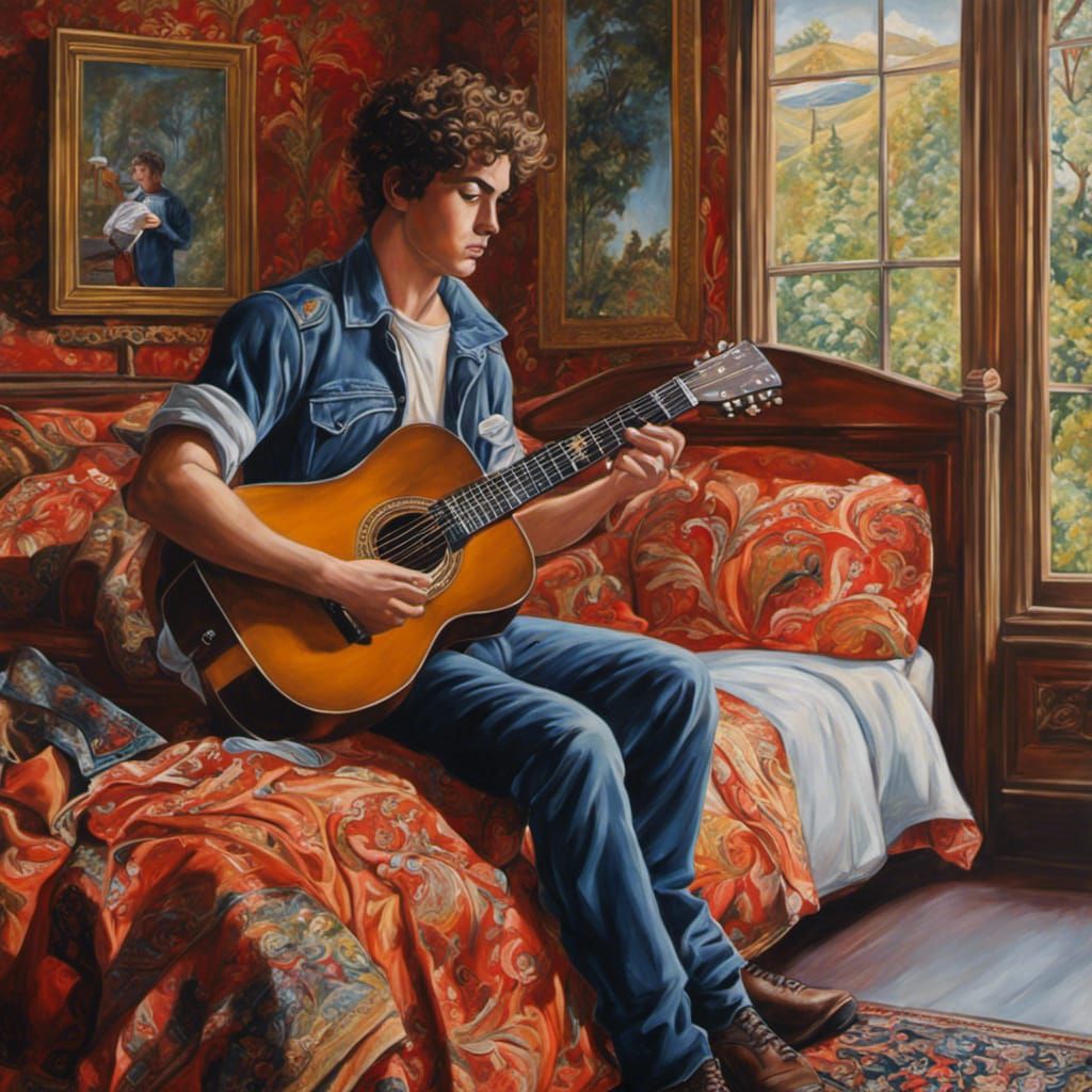 British Lad Plays Guitar: Hyperdetailed Masterpiece Painting