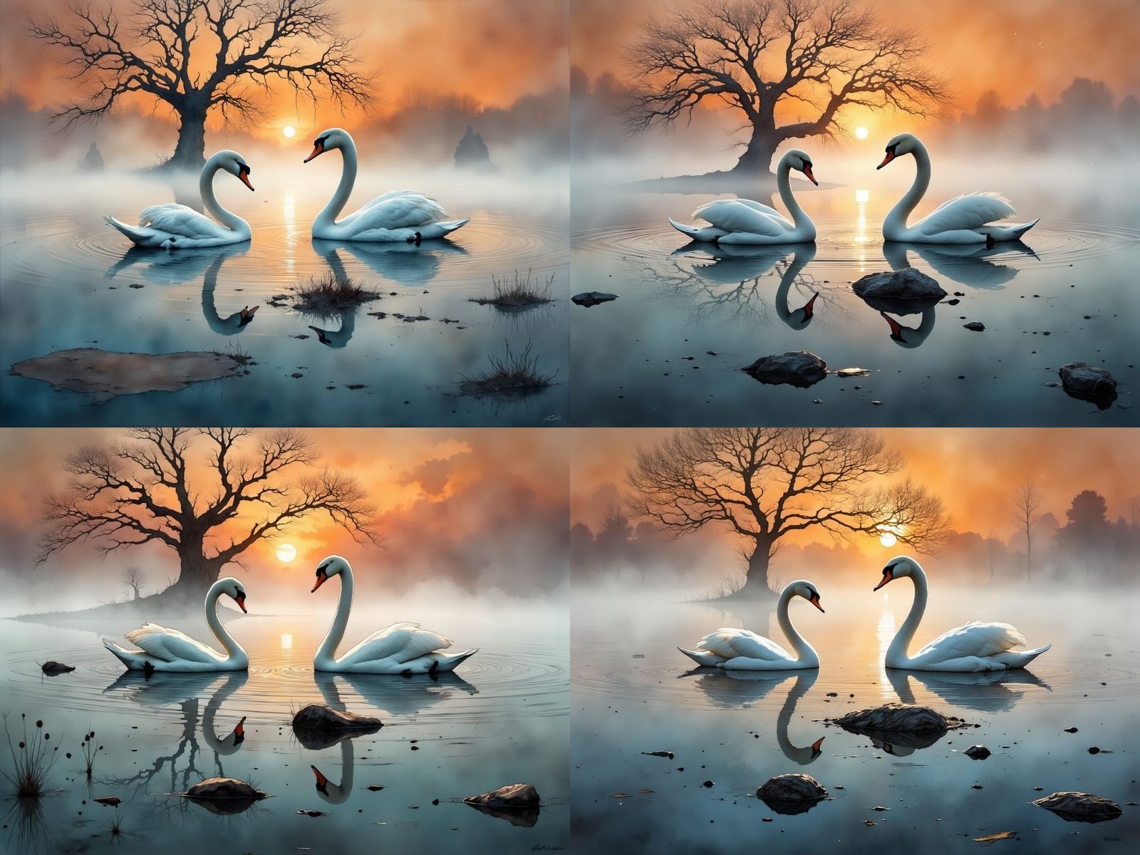 Swans Gliding in a Misty Lagoon: Painterly Style