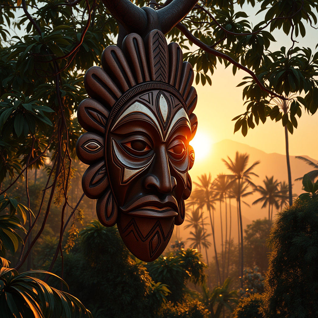 African Mask in Rainforest: Hyper-Realistic Anime Style