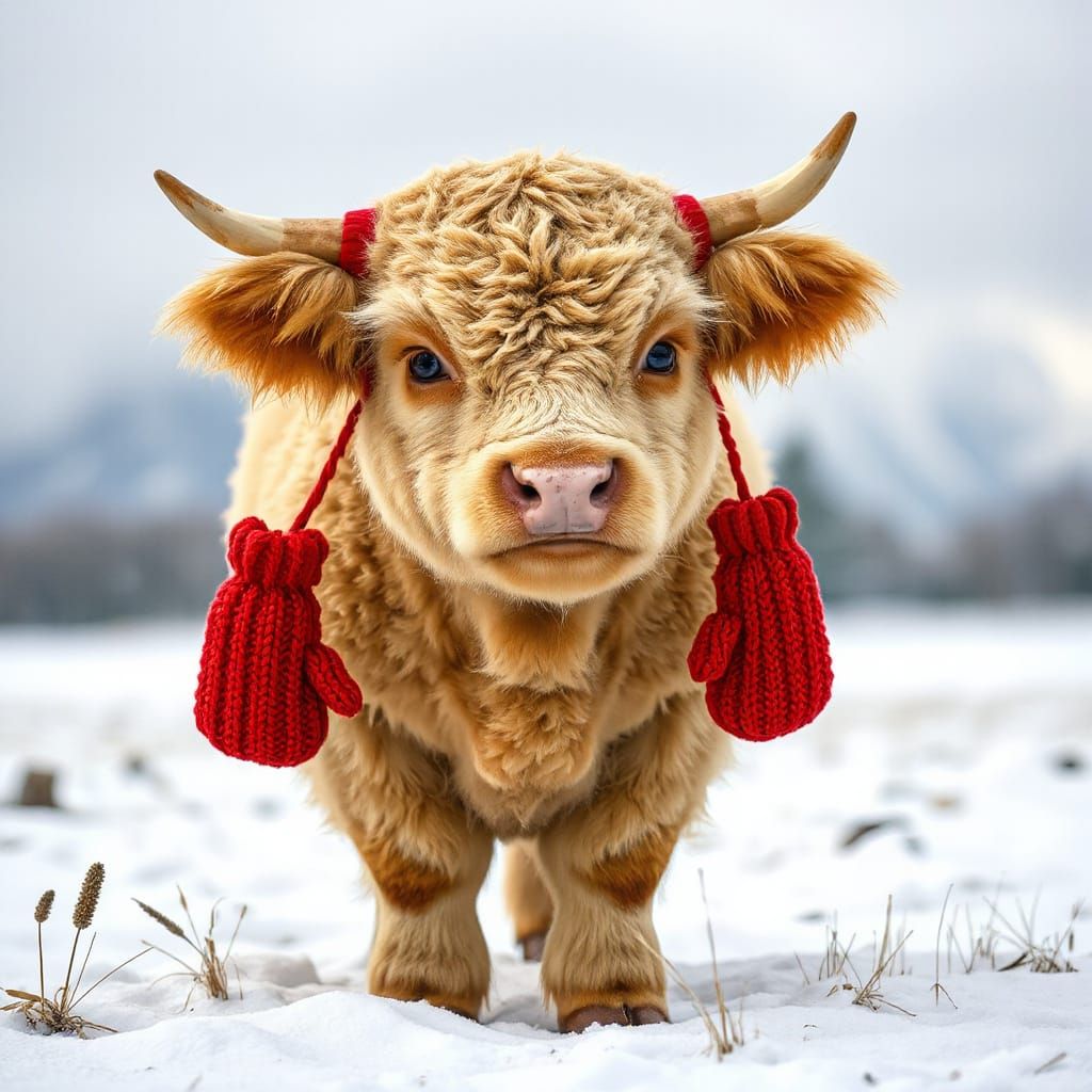 Fluffy Highland Cow in Snow Wearing Cozy Mittens
