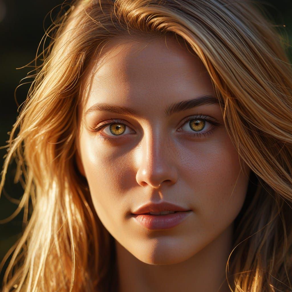 Radiant Heroine with Glowing Hair in Golden Light