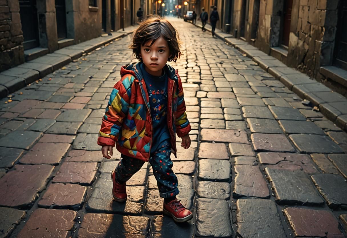 Child Steps on Crack in Surreal Street Scene
