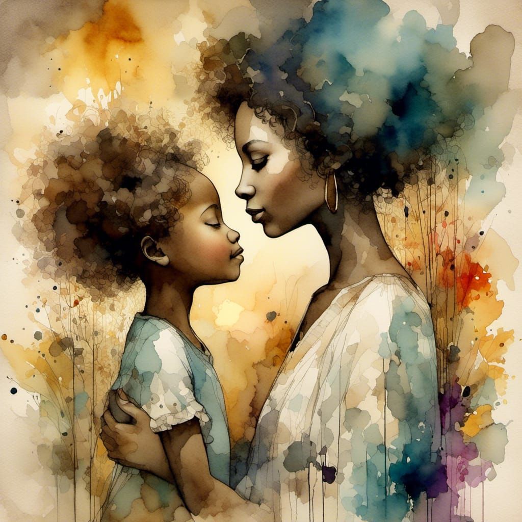 Watercolor Mother and Daughter with Gold Background