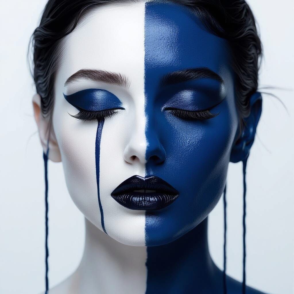 Abstract Portrait in Indigo and Black Paint Drips