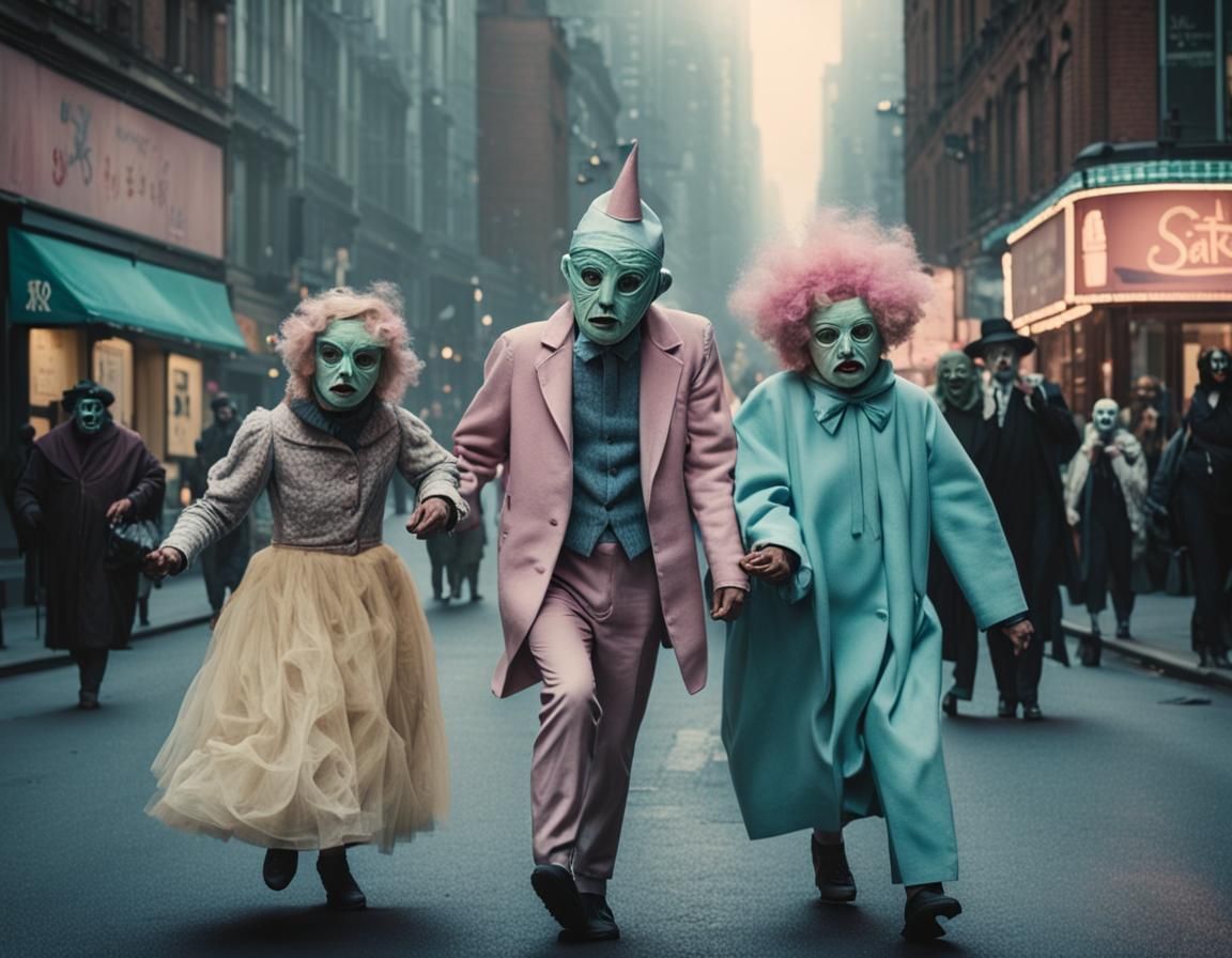 Masked Dancers in a City Street Scene