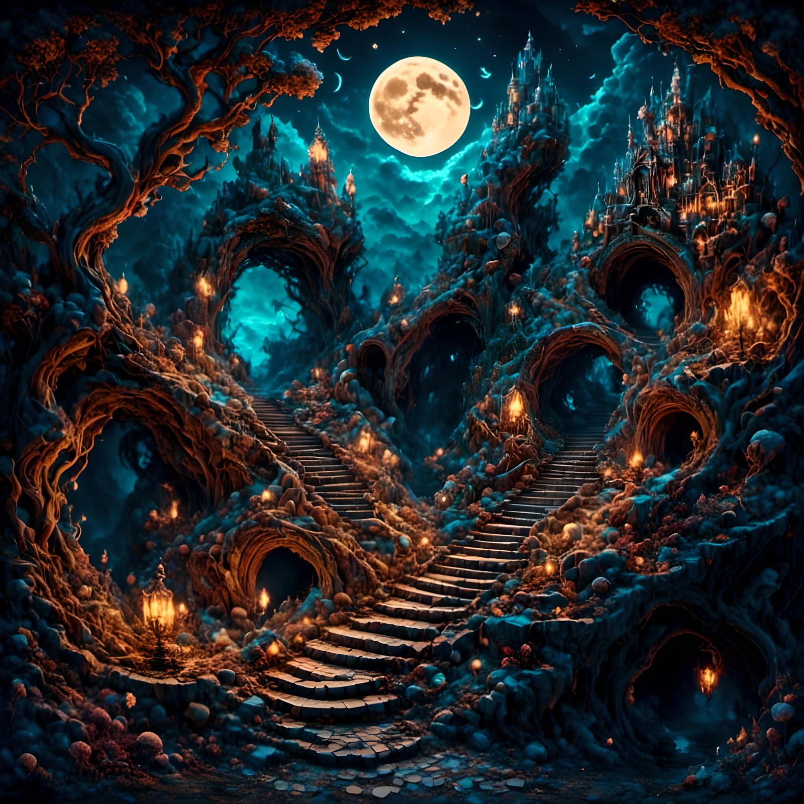 Mystical Moonlit Maze in Dreamlike Isometric View