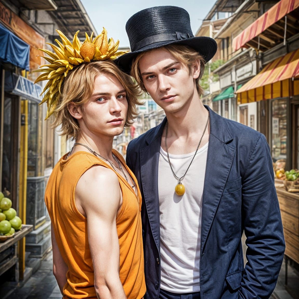 Two Handsome Men in Fruit and Vegetable Attire