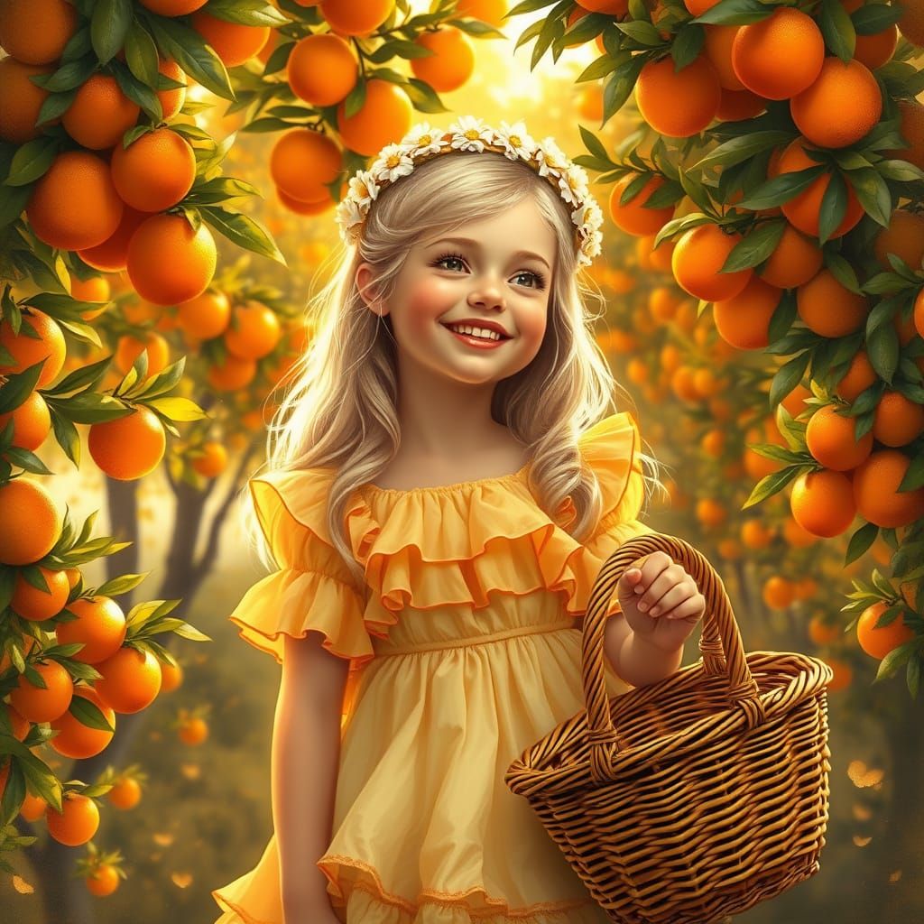 Ethereal Girl in Orange Grove, Painterly Style