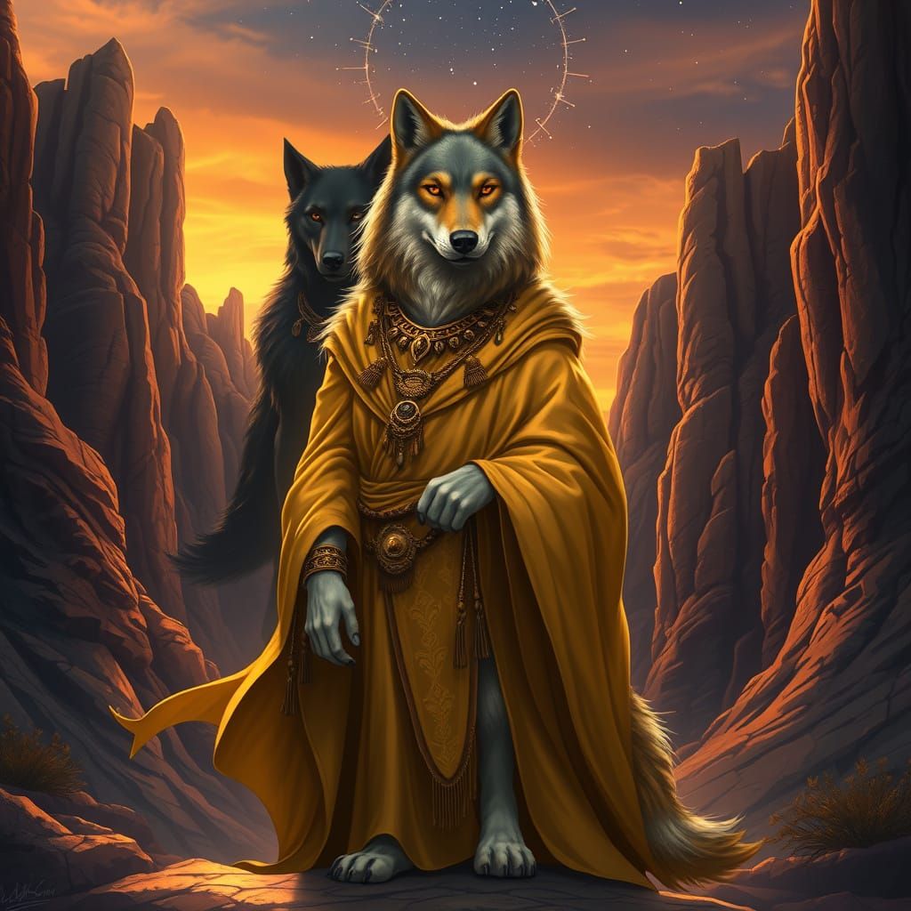Majestic Anthropomorphic Wolf in Golden Robe at Sunset