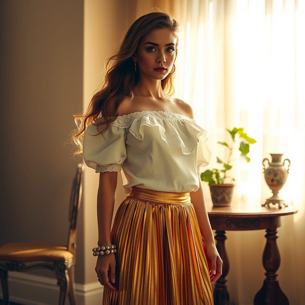 Elegant Person in Sunlight with Flowing Curtains