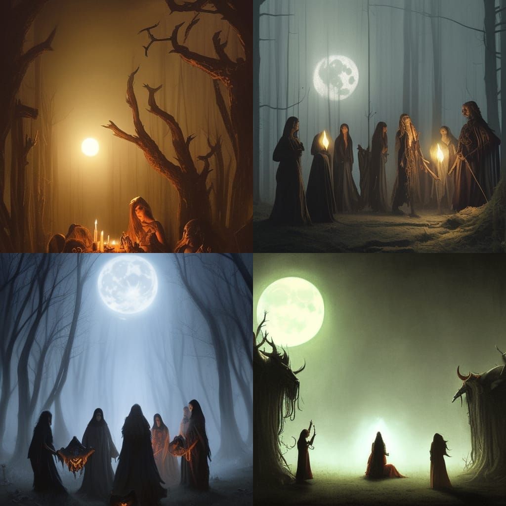 Mystical Meeting: Witches and Demons Under Moonlight