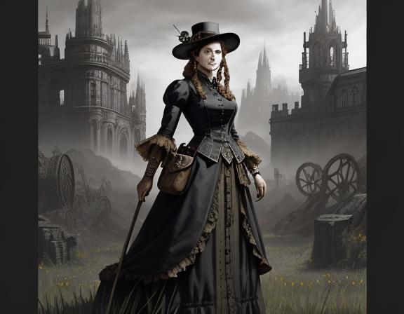 Steampunk Woman in Field, Beatrix Potter Style