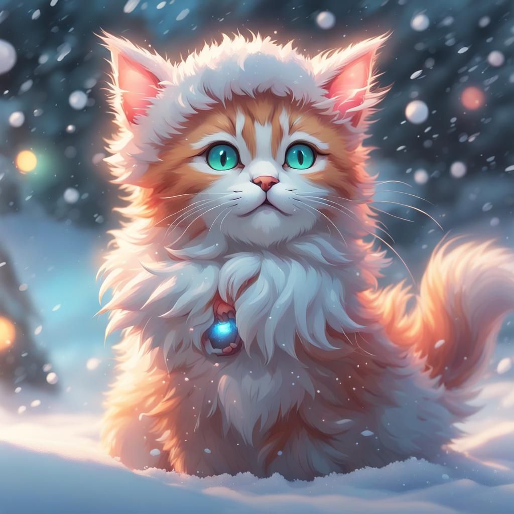 Pastel Kitten in Santa Hat, Anime Style