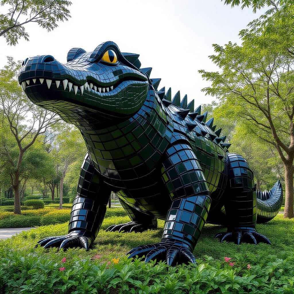 Towering Alligator Tire Sculpture in Futuristic Style