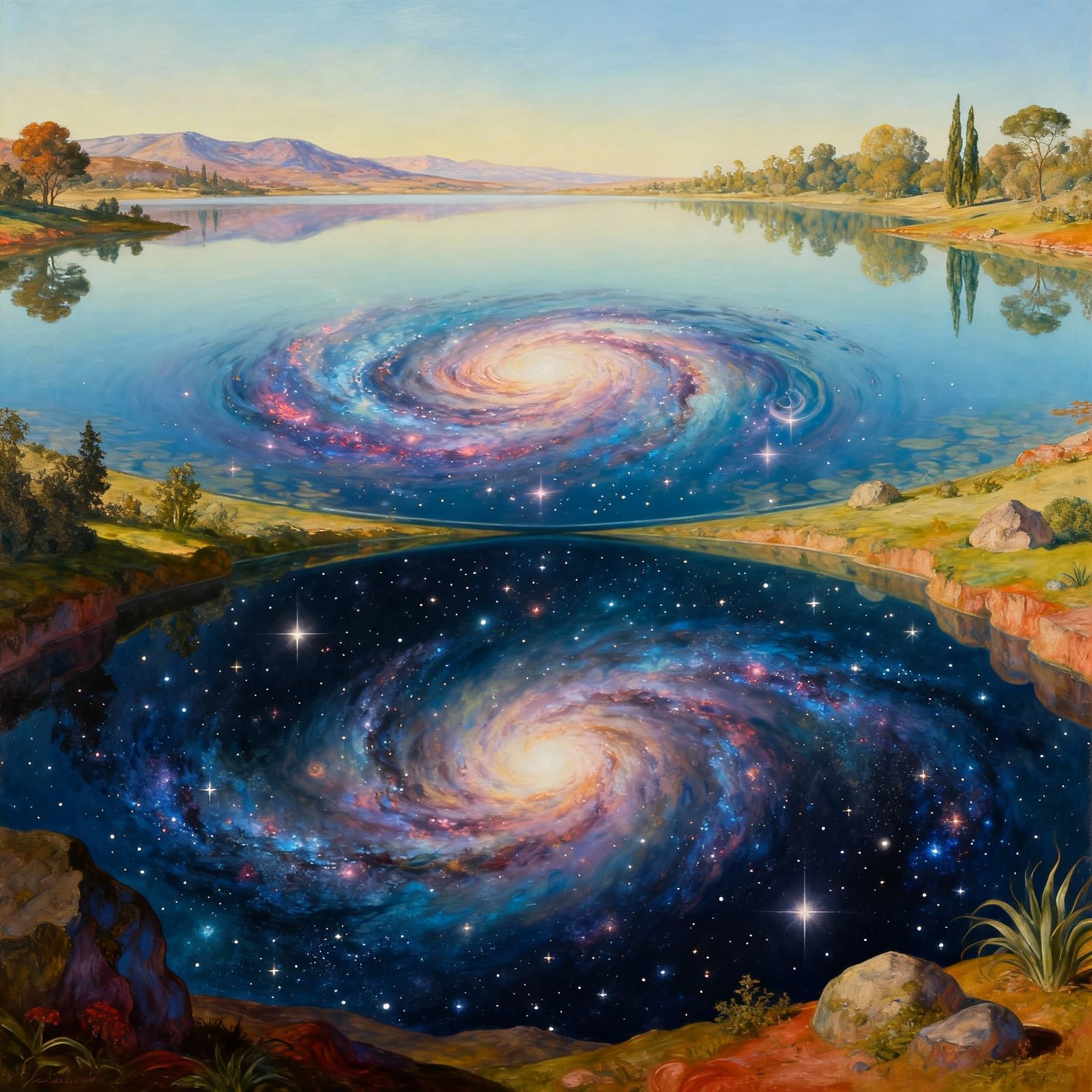 Cosmic Mirror Lake Reflects Duality of Day and Night