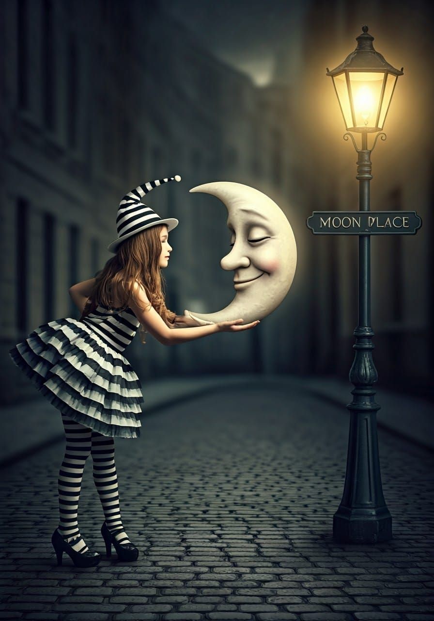 Whimsical Watercolor Scene of a Girl with a Magic Moon