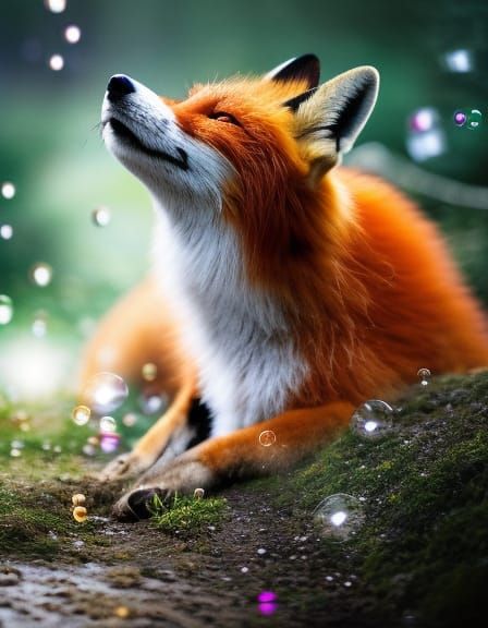 Fox enjoying bubbles