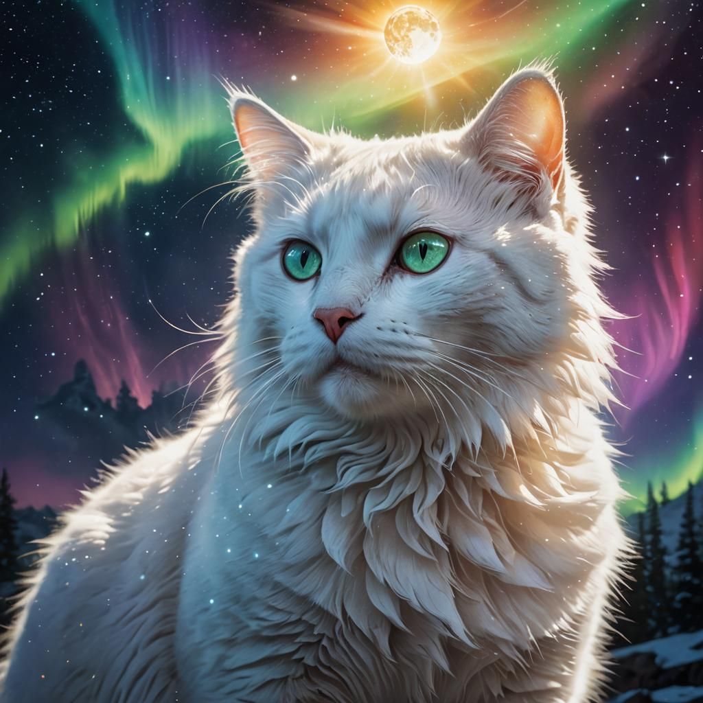 Iridescent Moonlit White Cat in Hyperrealistic Style