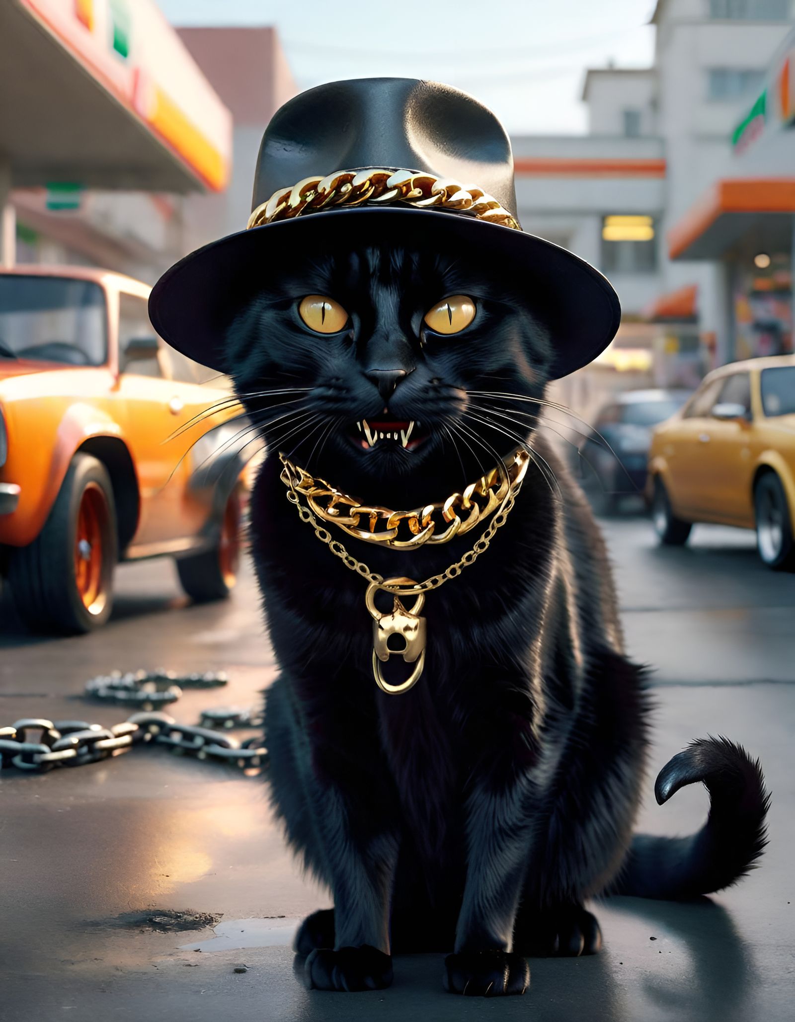 Hyperrealistic Cat Rapper at Car Meet-Up