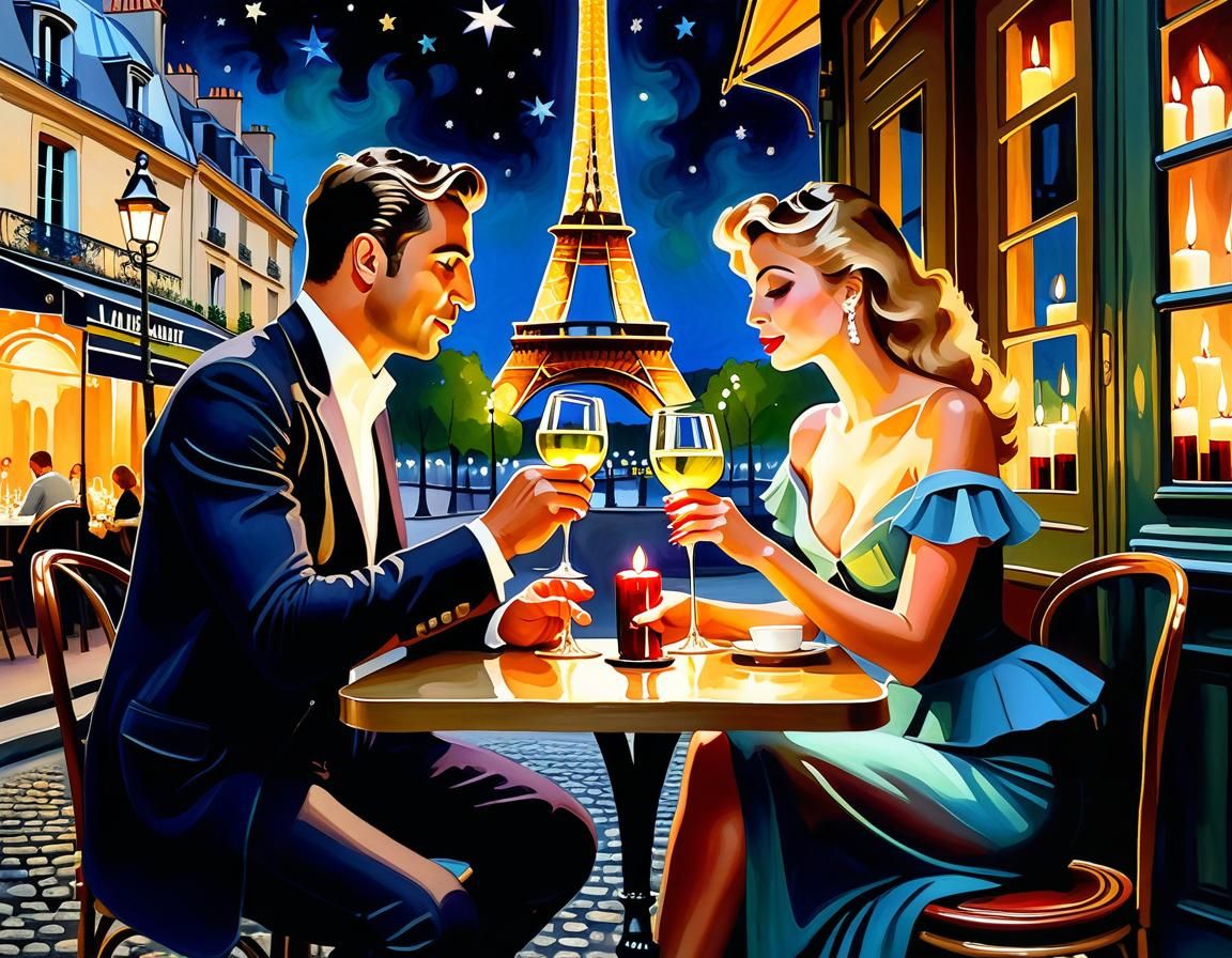 Romantic Cafe Scene in Paris, Impressionist Gouache