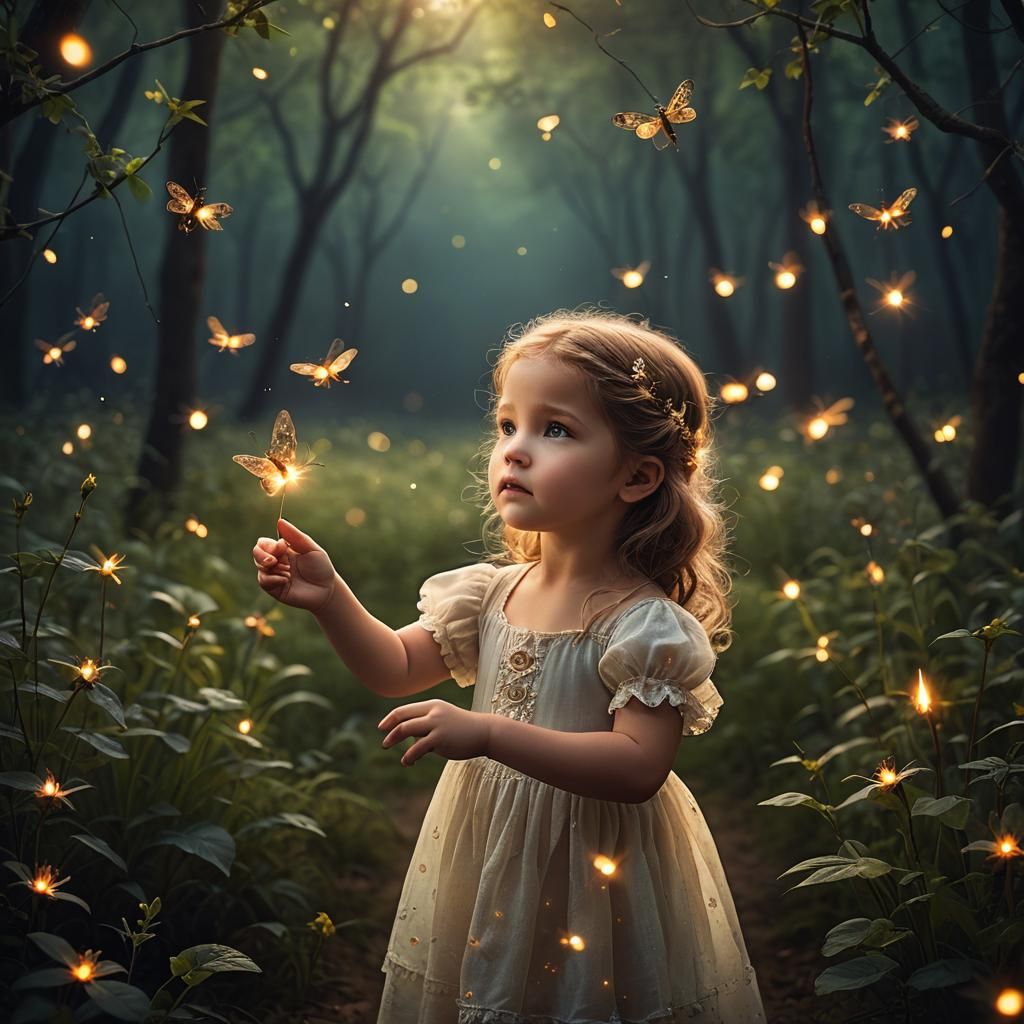 Magical Girl Chasing Fireflies: Fantasy Digital Art