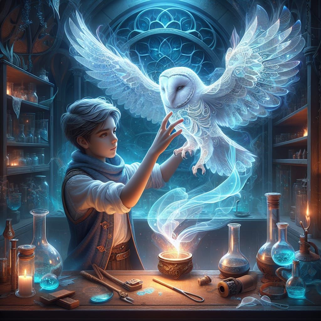 Magical Alchemist and Translucent Owl: Fantasy Concept Art
