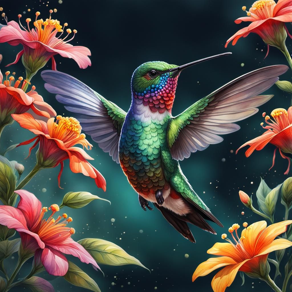 Hummingbird Nectar: Detailed Watercolor Art