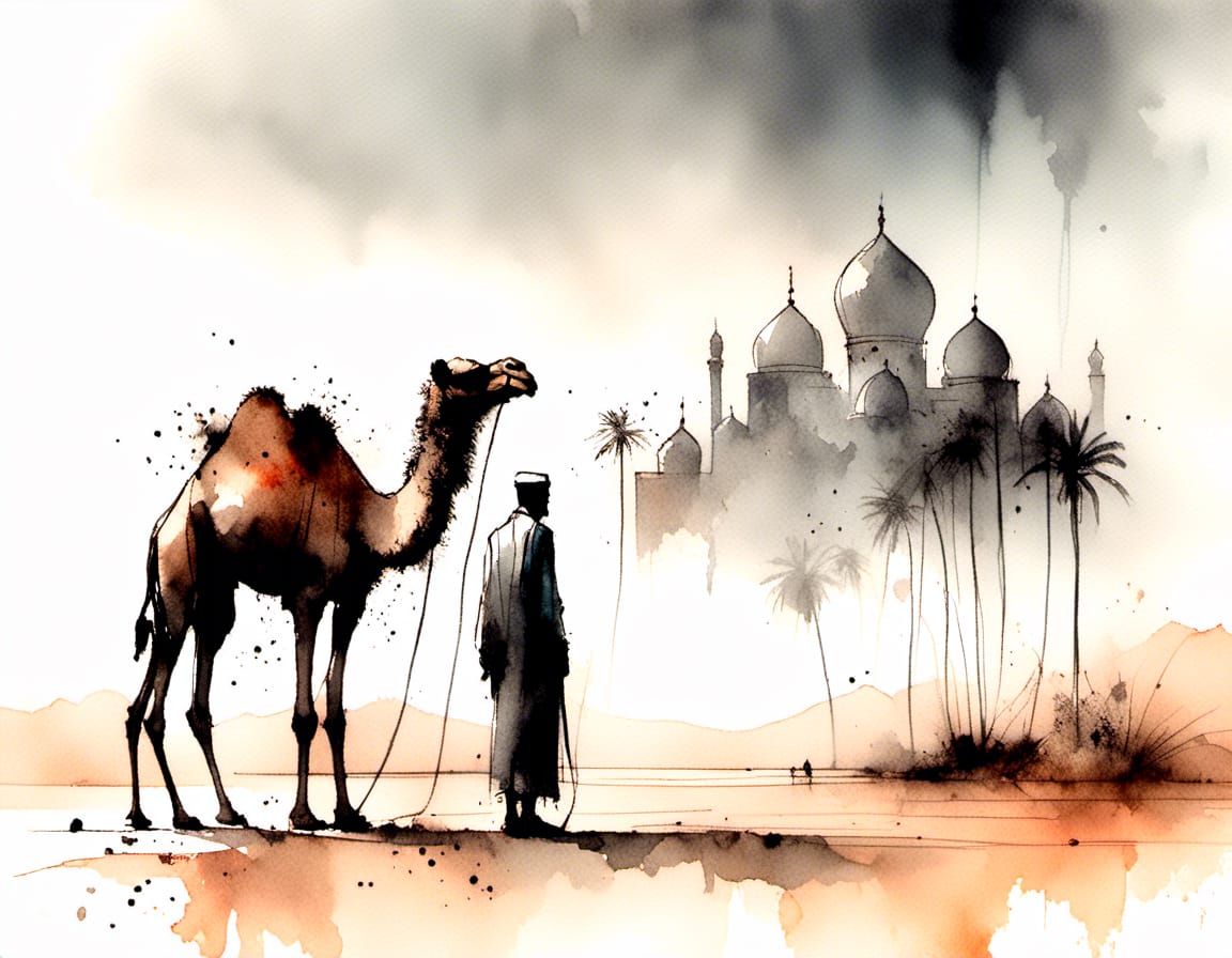 Arab Man and Camel at Oasis in Charcoal and Ink